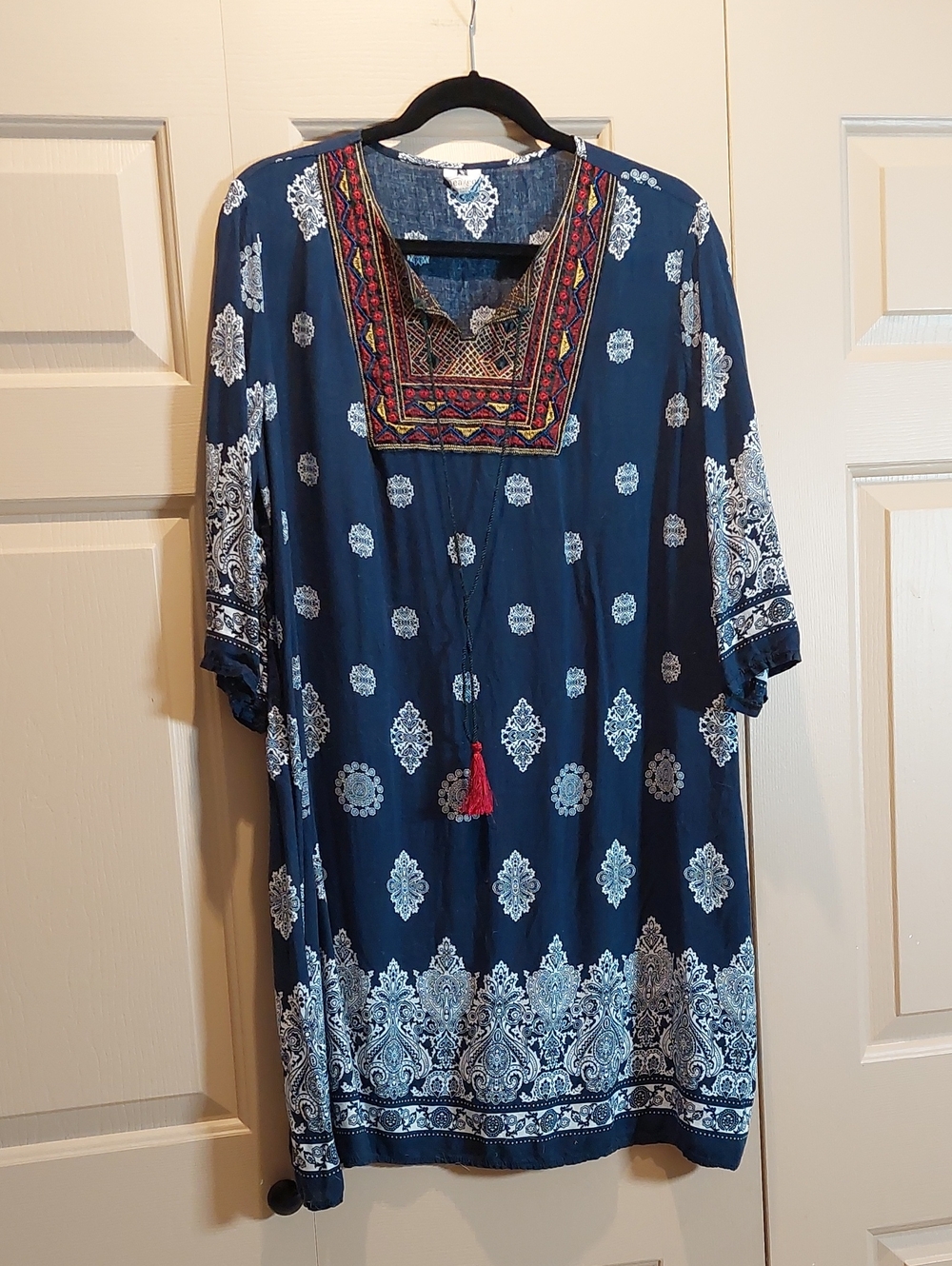 Embroidered Navy Blue Boho Tunic Top with Tassel